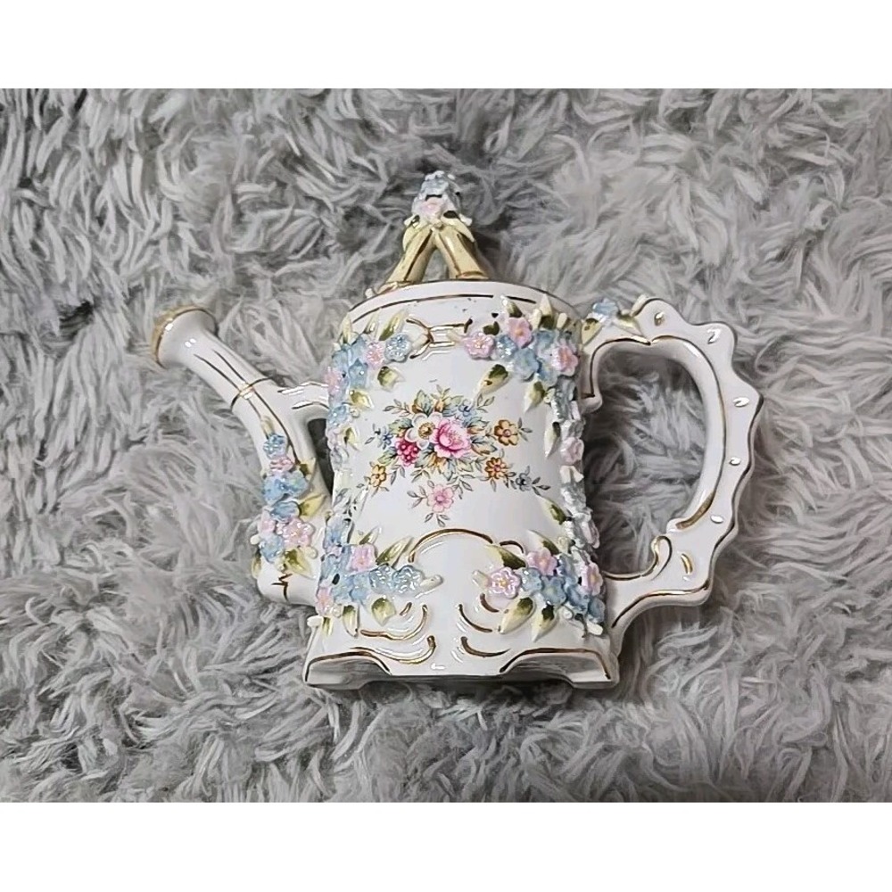 VTG Andrea Hand Painted Porcelain Watering Can Floral  Appliqué Occupied Japan